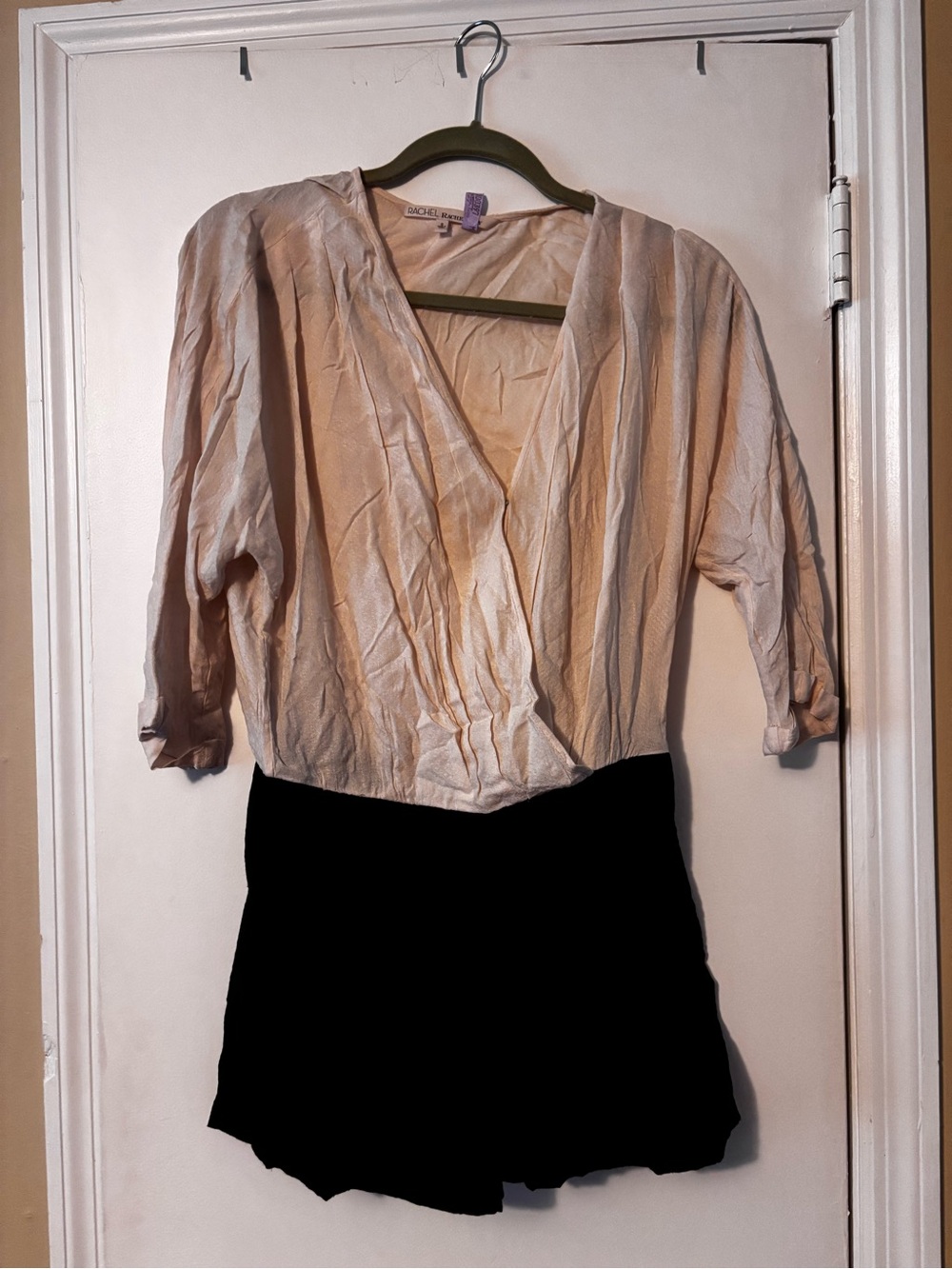 Wrinkle-Effect Cream Wrap Blouse and black short romper